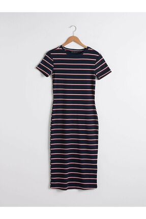 Your Fashion Style'dan Kadın Fitilli Lacivert Elbise Bisiklet Yaka Çizgili Kısa Kollu Image 1