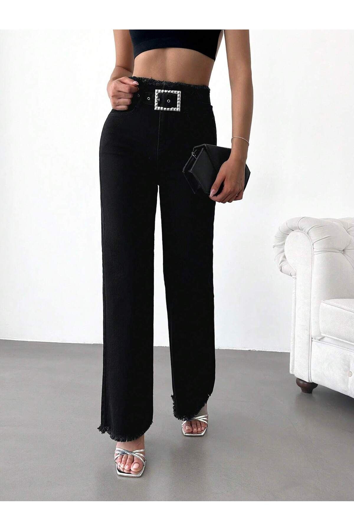 زنان فaق belnd Belt Backle Backle Tassel Tasseled Black Lycra Palazzo Jean