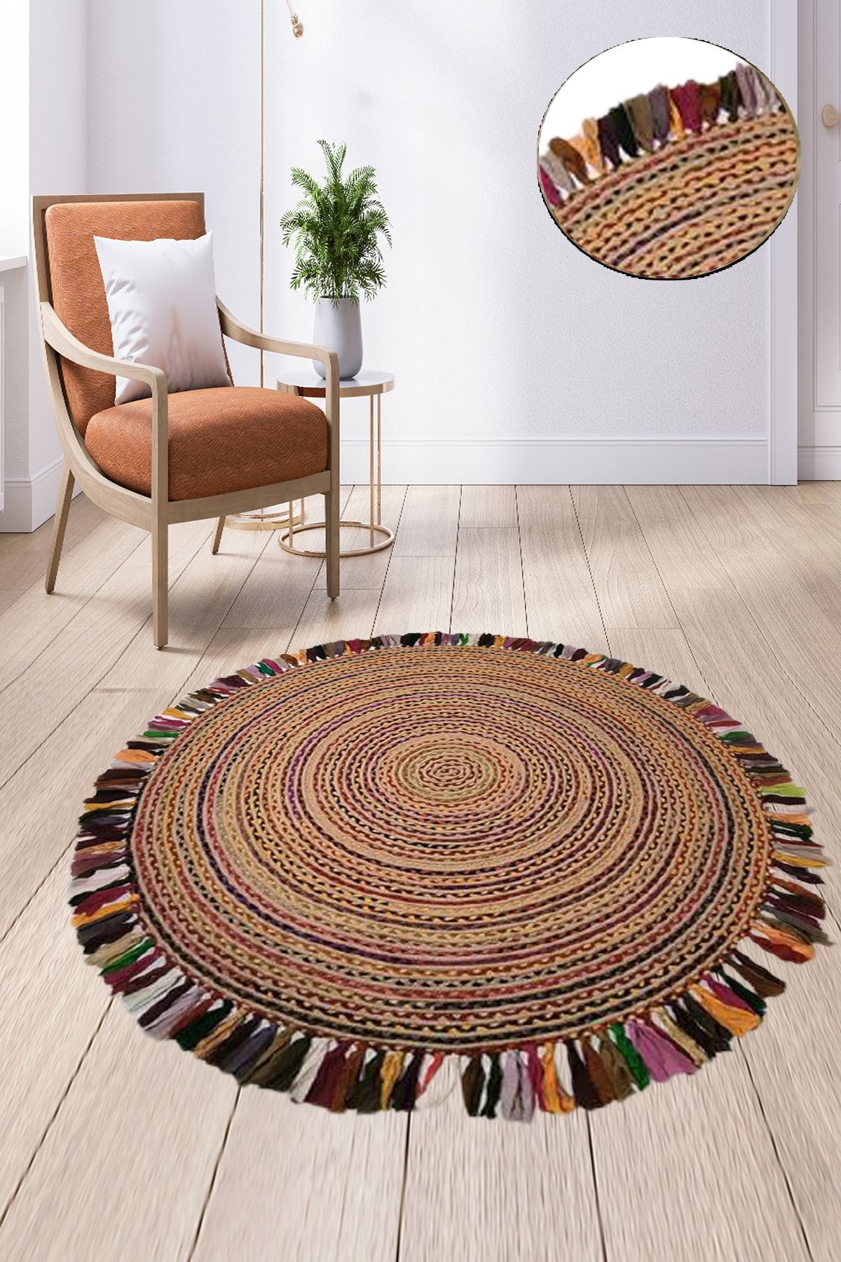 Else Halı Else Çizgiler Püsküllü Dekoratif Yuvarlak El Örgü Doğal Hasır Halı Sisal Jüt Kilim Yolluk No410