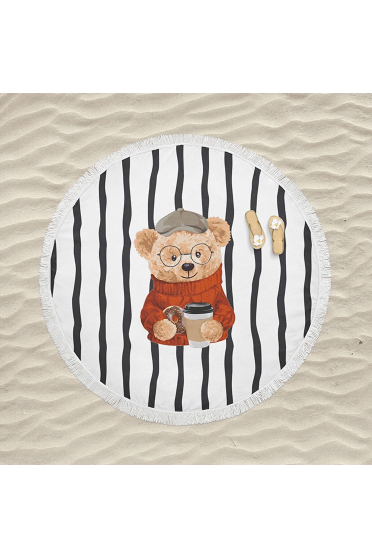 DECOSEW Teddy Bear Figürlü Püsküllü Yuvarlak Plaj Havlusu