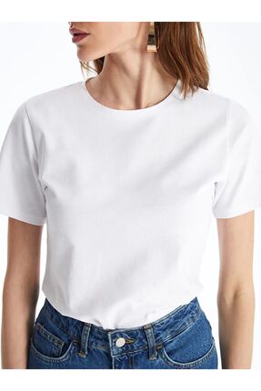 LCWAIKIKI Basic Buxe Beyazı Bisiklet Yaka Düz Kısa Kollu Kadın Tişört Image 0