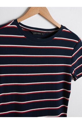 Your Fashion Style'dan Kadın Fitilli Lacivert Elbise Bisiklet Yaka Çizgili Kısa Kollu Image 2