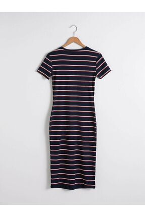 Your Fashion Style'dan Kadın Fitilli Lacivert Elbise Bisiklet Yaka Çizgili Kısa Kollu Image 0