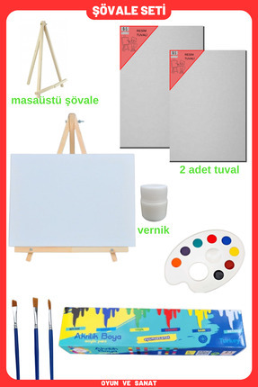 Resim Boya Seti - Mini Masa Şövalesi, 2 Tuval, Resim Verniği, Akrilik Boya Palet, (MASAÜSTÜ ŞÖVALYE) Image 0