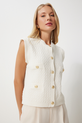 Kadın Kemik Şık Düğmeli Dokulu Triko Yelek DP00210 Image 4
