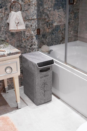 Keçe Çamaşır Sepeti, Deri Detaylı Kirli Sepeti Çok Amaçlı Oyuncak Saklama Kutusu (25x40x60cm) Image 1