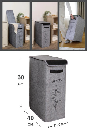 Keçe Çamaşır Sepeti, Deri Detaylı Kirli Sepeti Çok Amaçlı Oyuncak Saklama Kutusu (25x40x60cm) Image 0