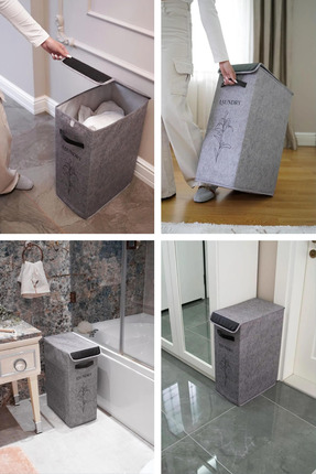 Keçe Çamaşır Sepeti, Deri Detaylı Kirli Sepeti Çok Amaçlı Oyuncak Saklama Kutusu (25x40x60cm) Image 3