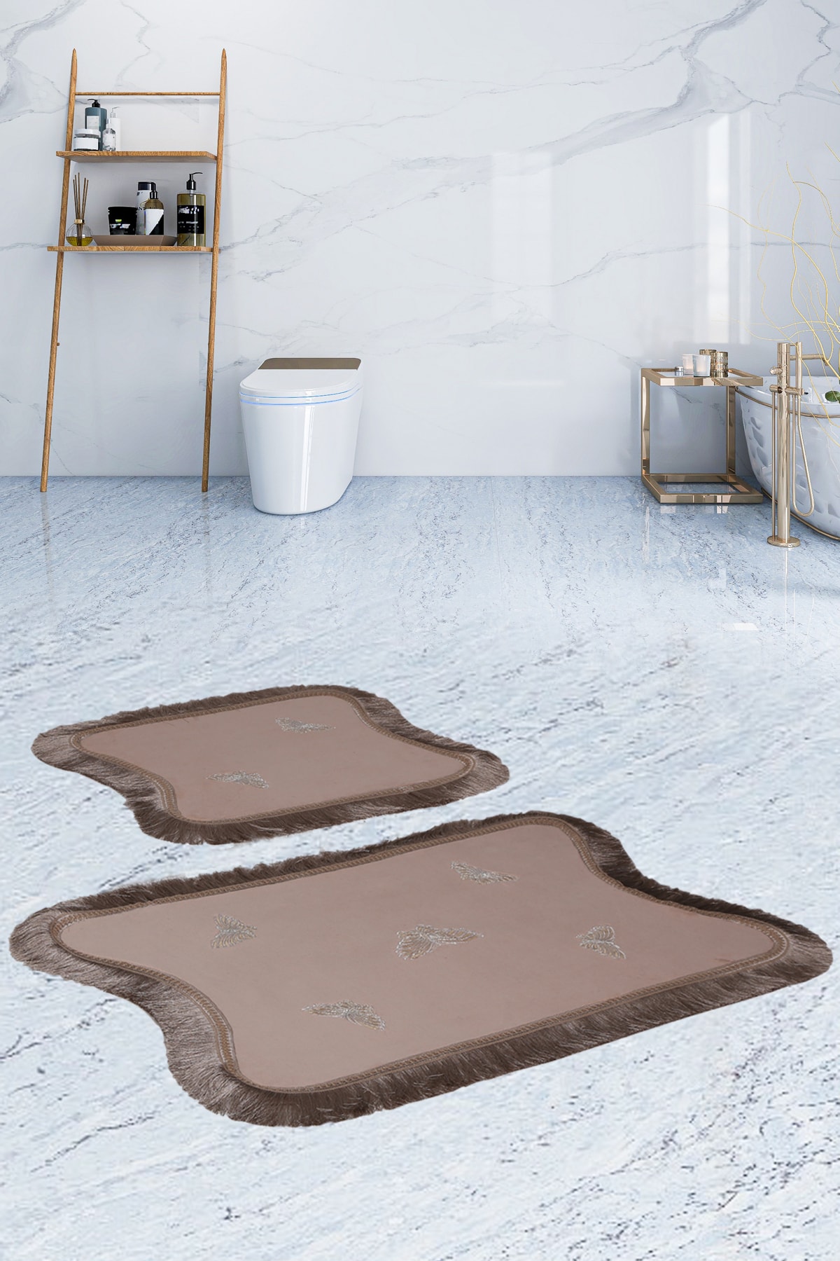 Bonny Home Kelebek Dantelli Kapuçino 2'li Banyo Paspası Seti Kaymaz Tabanlı Çeyizlik Klozet Takımı