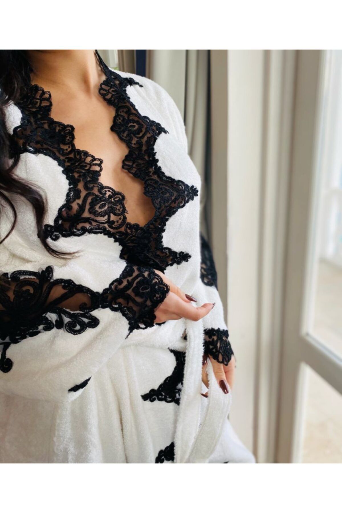 MirMer Collection Siyah Fransız Dantel Bornoz Set