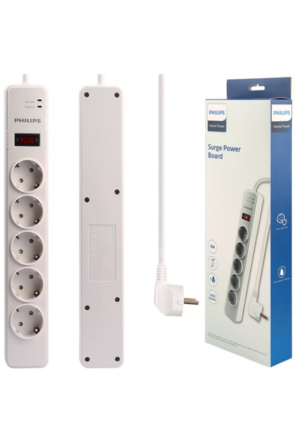 OEM Philips 5’li Beyaz 2 Metre Kablolu 2100 Joule Anahtarlı Akım Korumalı Priz Sps1050b/51
