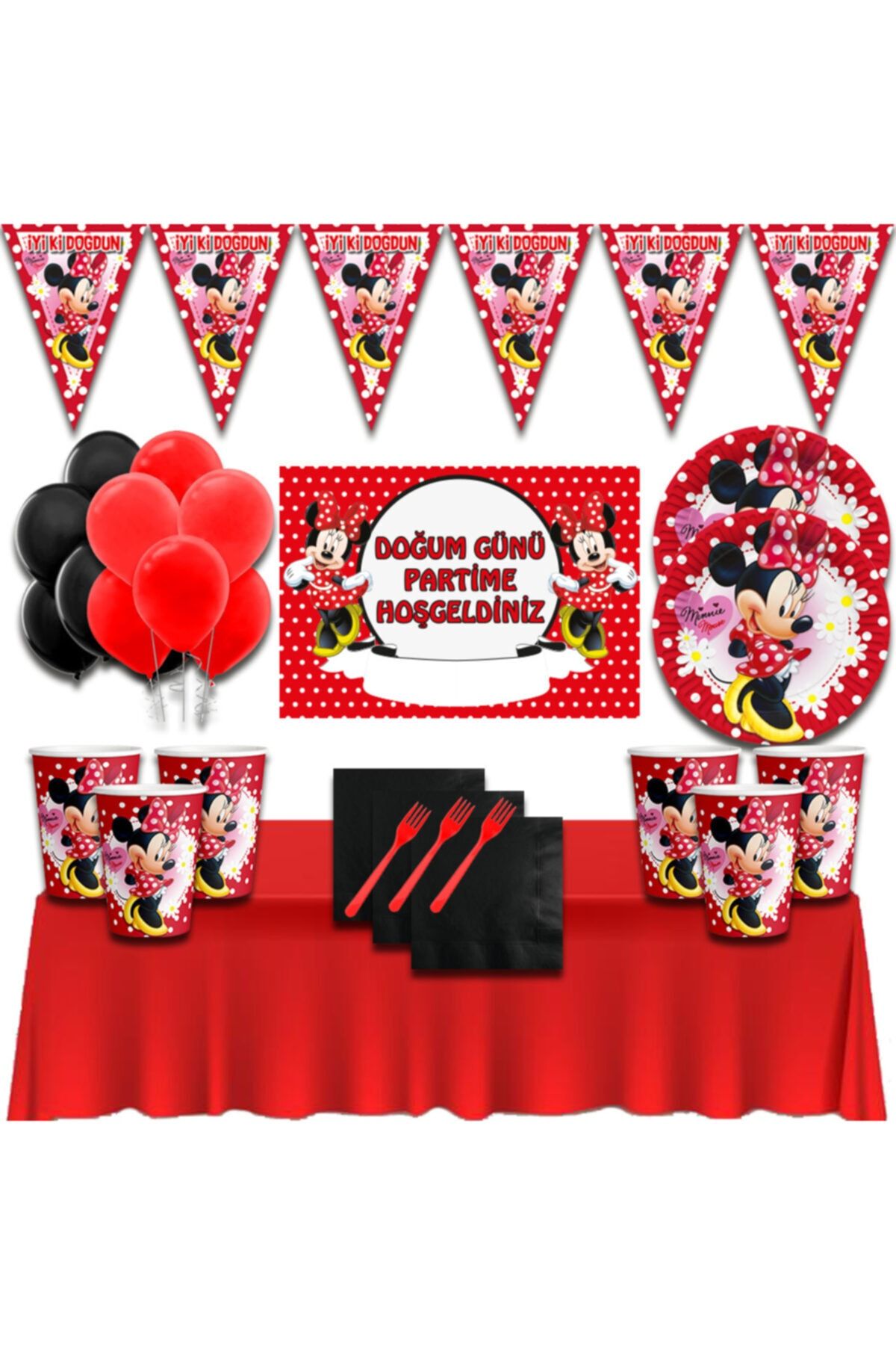 Minnie Mouse Afişli Kırmızı 24 Kişilik Doğum Günü Parti Süsleri Malzemeleri Seti