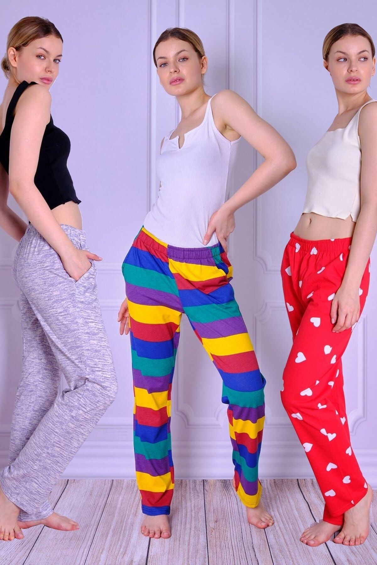 ESPİNA Kadın 3'lü Paket Cepli Pijama  Kırmızı Lila