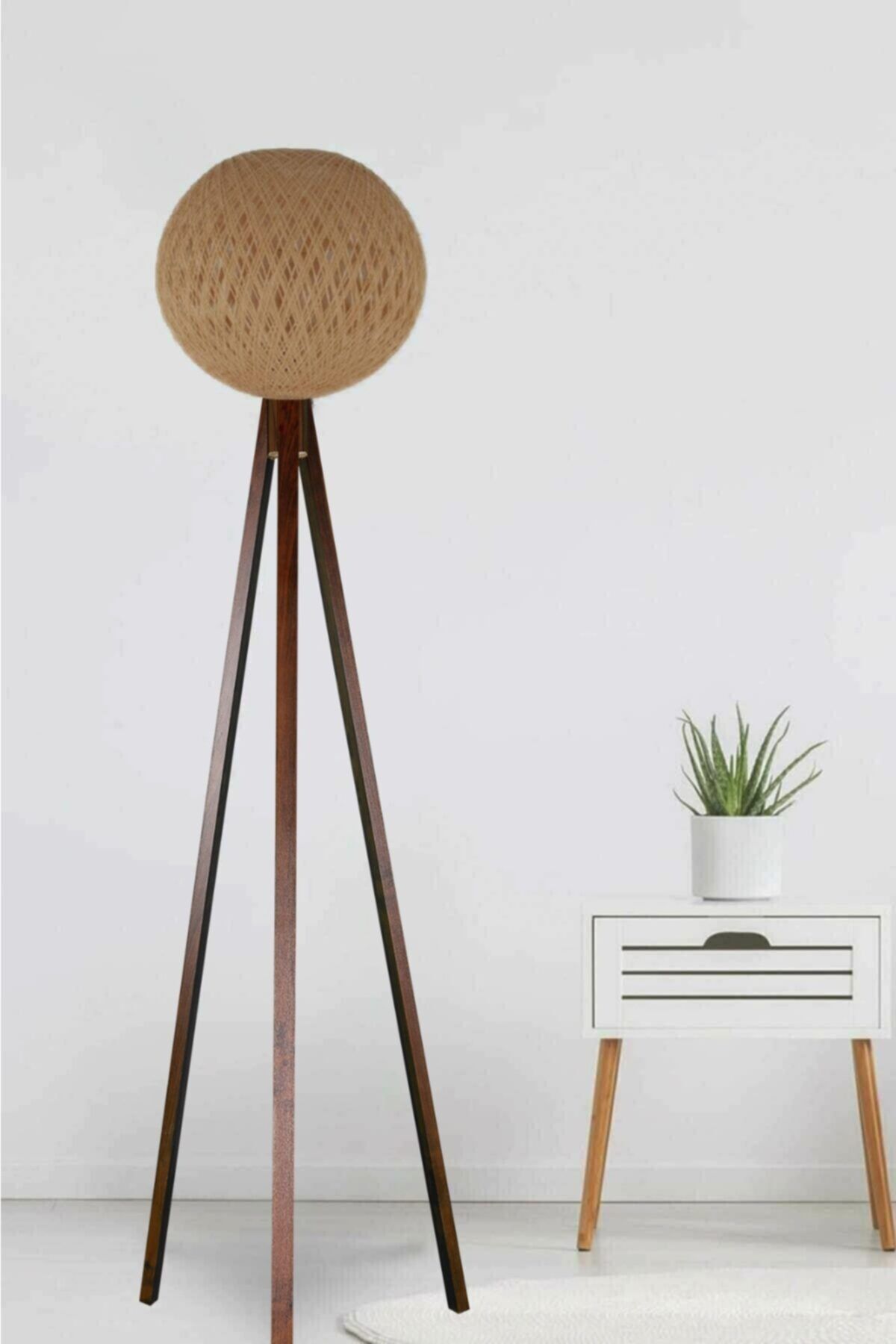 modamvip Jüt Ip Lambader 3 Ayaklı Ahşap Lamba Tripod Abajur Başlık Keten Kahverengi Ayak 9902