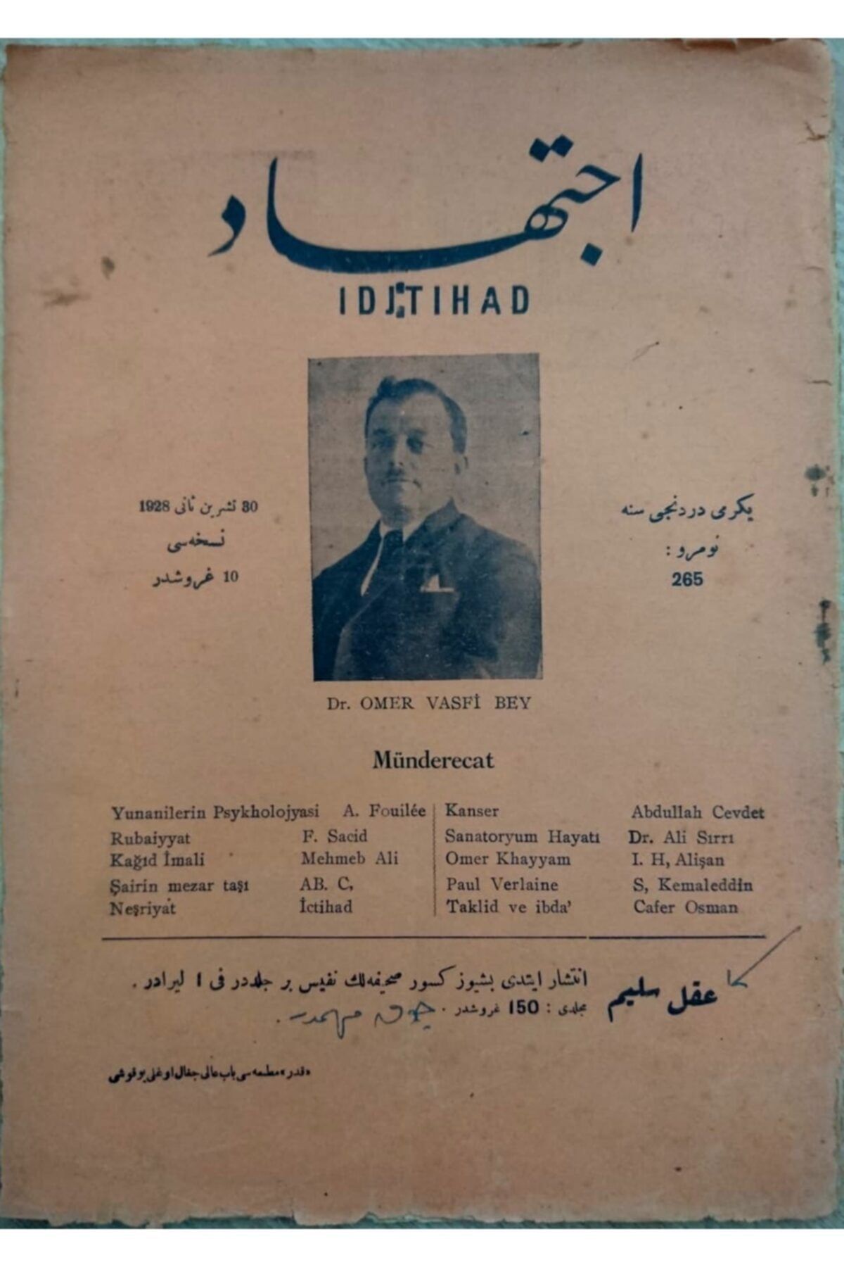 SIRAT Ictihad (0smanlıca) - Haftalık Dergi (no 265, Yıl 1928)
