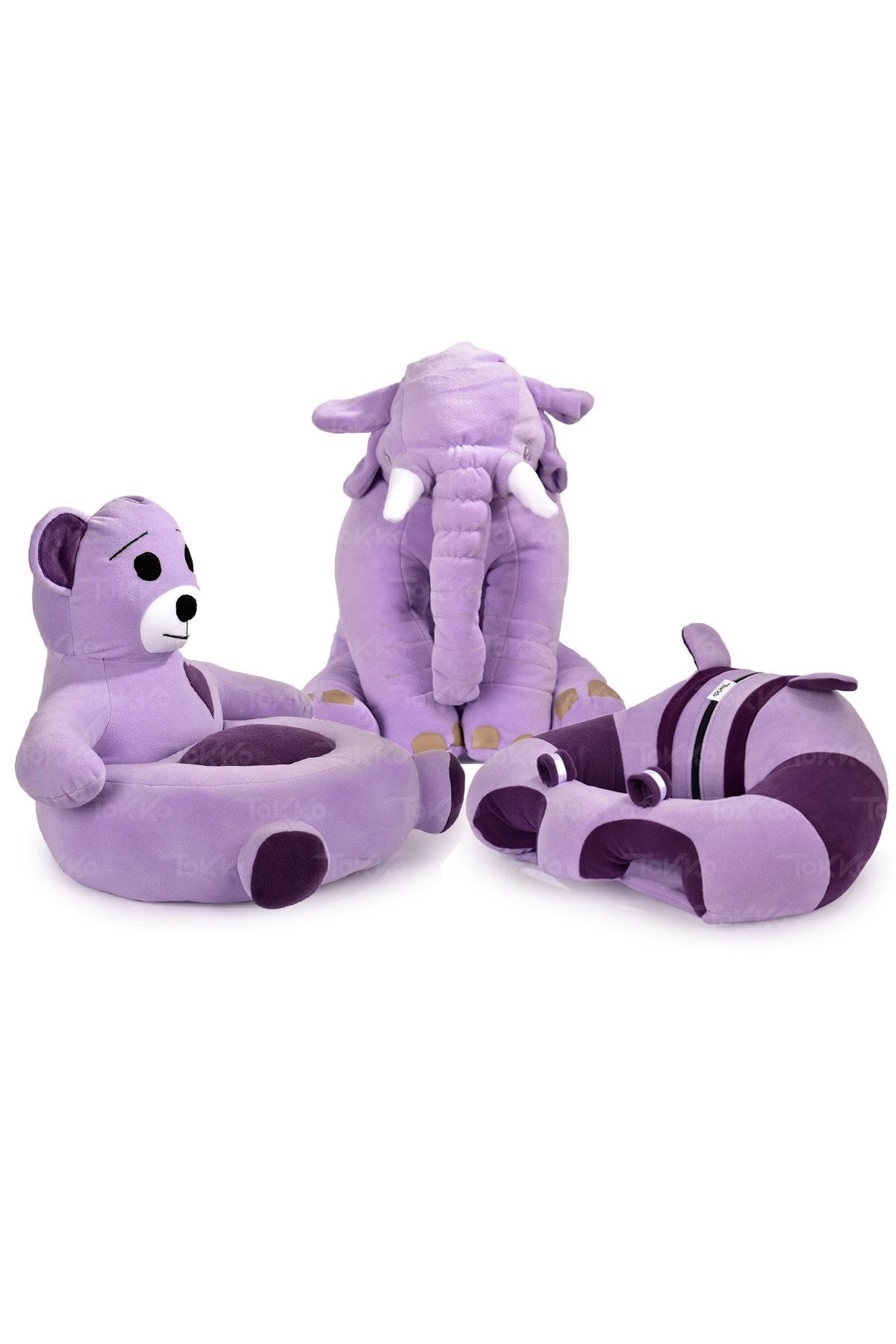 TOKKO Lüks Üçlü Set - + 60 Cm Uyku Fili + Peluş Ayıcık - Antibakteriyel 3'lü Set Lila Mor
