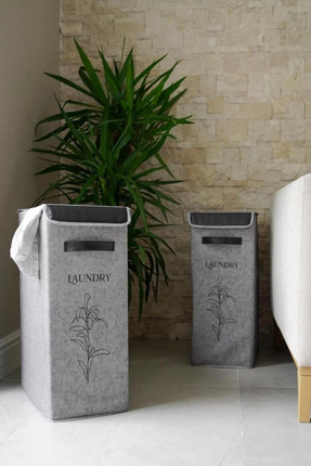 Keçe Çamaşır Sepeti, Deri Detaylı Kirli Sepeti Çok Amaçlı Oyuncak Saklama Kutusu (25x40x60cm) Image 2