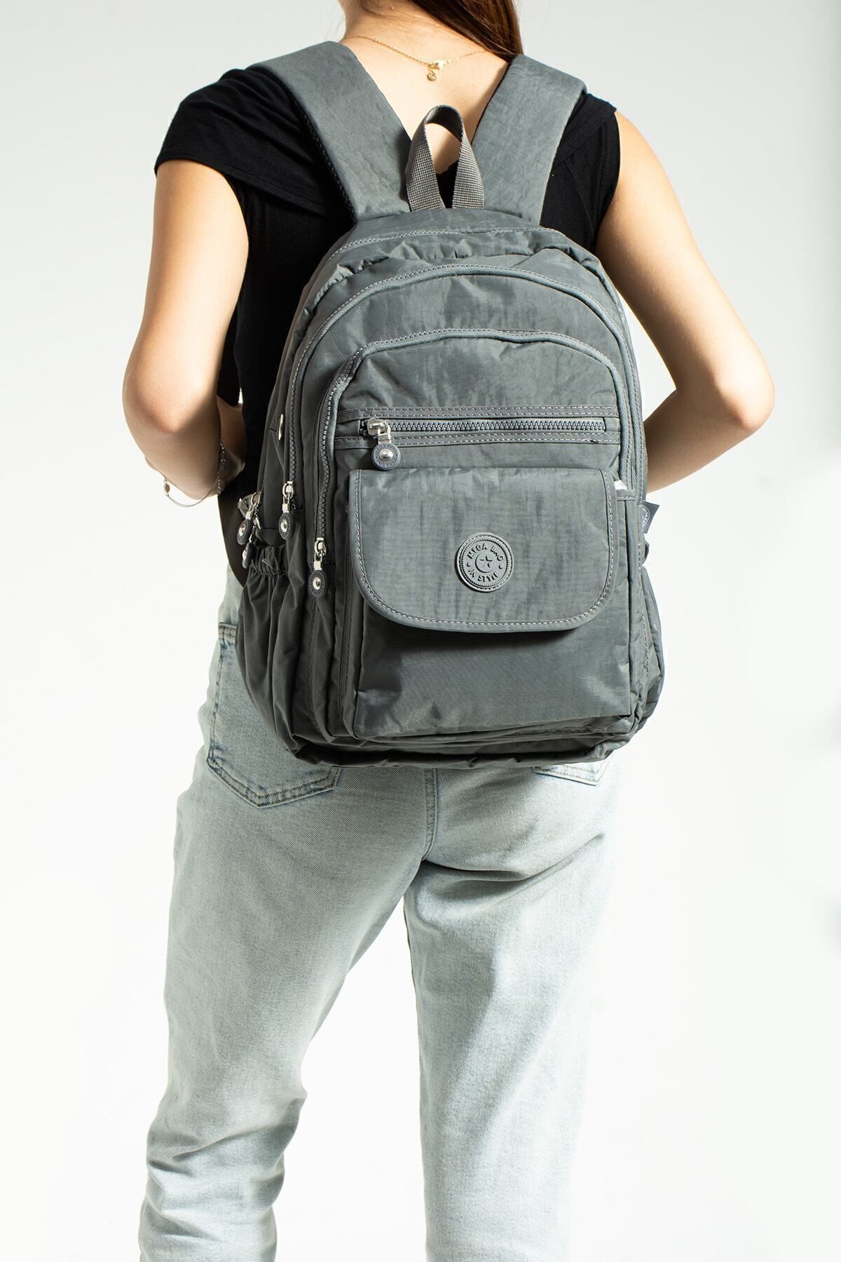 کیف مدرسه بند ارتوپدی قابل تنظیم یونیسکس خاکستری سایز مگا با 9 محفظه و محفظه لپ تاپ