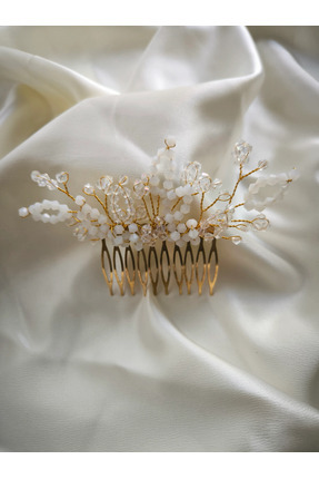 Gold&Beyaz Tarak Toka, Nişan Tokası, Saç Aksesuarı, Nikah Tokası Image 0