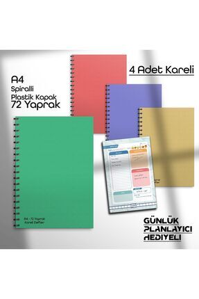 A4 72 Yaprak 4 Kareli Okul Defteri Planlayıcı Hediyeli Plastik Kapak Spiralli Image 0