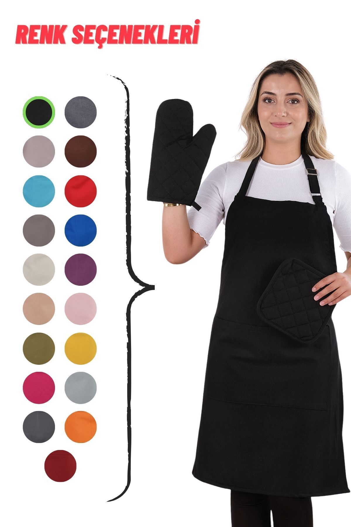 ست ساده ست پیش بند آشپزخانه 3 تایی با آویز قابل تنظیم (دستکش، دسته)