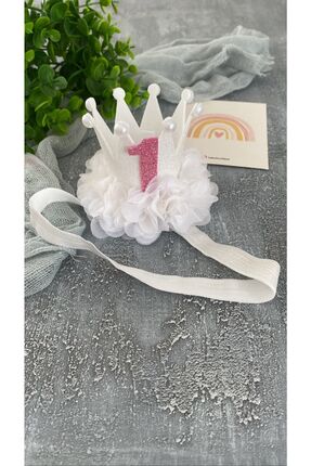 Kız Bebek 1 Yaş Doğum Günü Tacı Beyaz-pembe Image 0