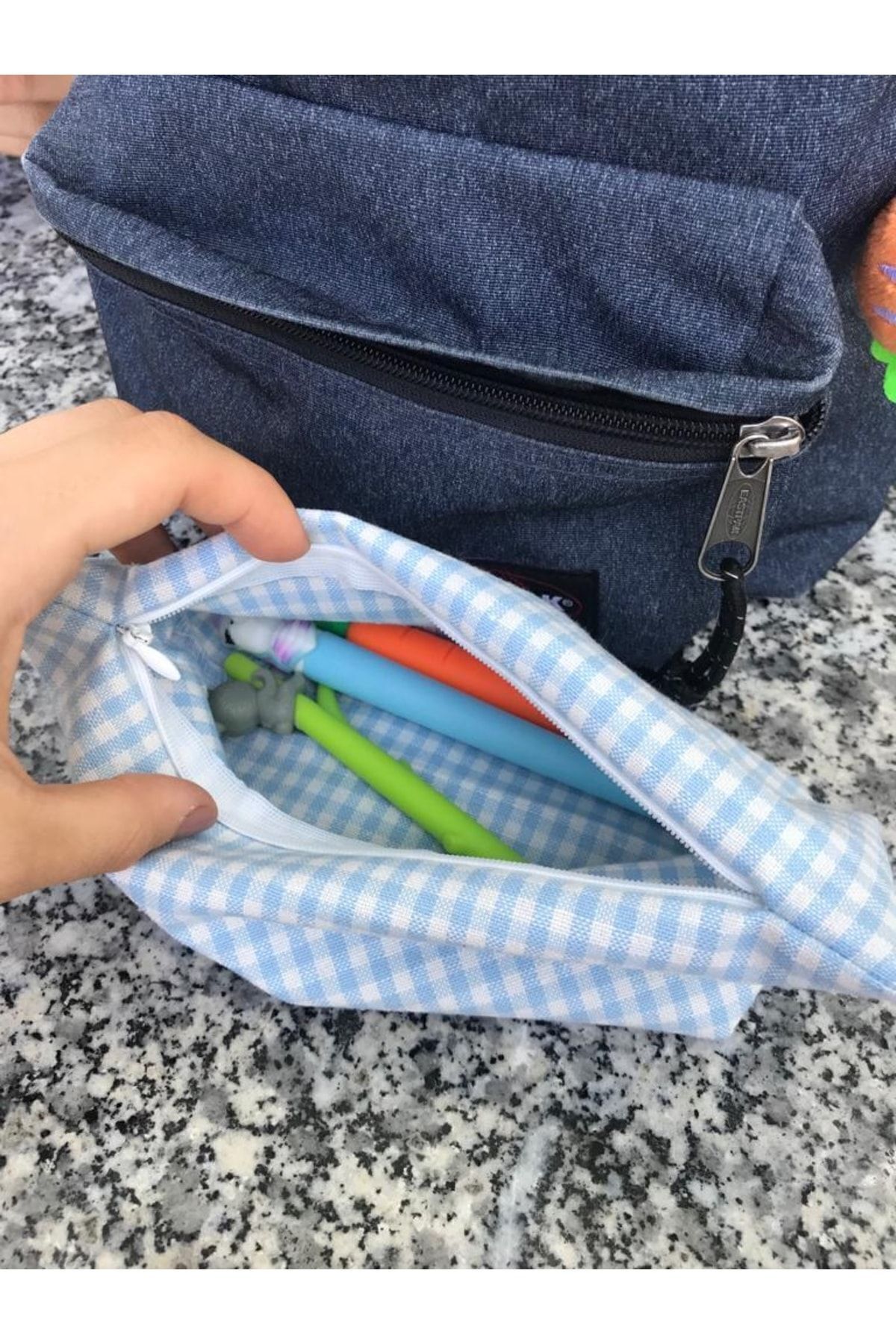 زیپ قابل شستشو Gingham آبی مداد مدادی تک چشمی کیف مدادی کیف لوازم آرایش
