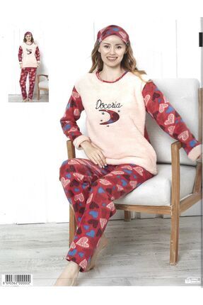 Yavru Ağzı Kalp Desenli Kadın Peluş Pijama Takımı Göz Bandı Hediye Image 0