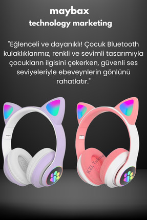 P68 Kablosuz Bluetooth Kulaklık Led Işıklı Mikrofonlu Kedili Kulaklık Bt5.0 Image 7