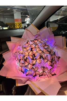 Dekoratif Peri Led Işıklı A Kalite Büyük Boy Pembe Kelebek Buketi Sevgiliye Özel Hediye Image 0