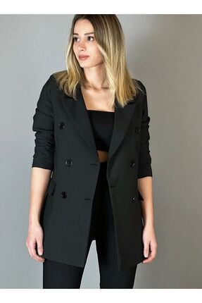 Kadın Siyah Düğmeli Blazer Ceket Image 0