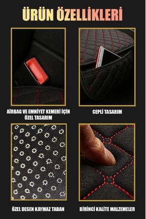 Tay Tüyü Oto Koltuk Minder 7 Parça Terletmez Kaymaz Cepli Siyah Nakış Image 1