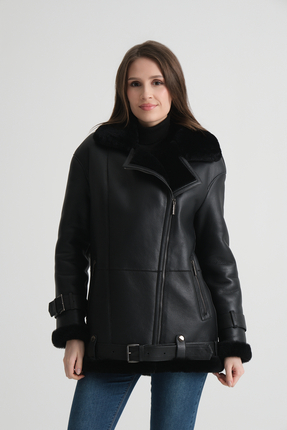 Siyah Hakiki Deri Kaban, Içi Kürklü, Bel Kemeri Detaylı, Uzun Kesim, Şık Tasarım - 114122 Image 0