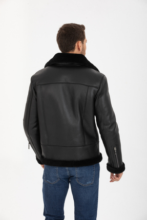 Erkek Hakiki Deri Ceket, Kürk Yakalı Ceket, Siyah İçi Kürklü - 500722 Image 2