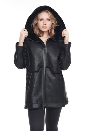 Kadın Siyah Hakiki Deri Kapüşonlu Kaban - Içi Kürklü, Su Geçirmez, 80 Cm Image 0