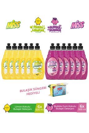 MİSS BULAŞIK PAKETİ 500 ML LİMON X 6 + BUBBLE X 6 + BULAŞIK SÜNGERİ HEDİYELİ Image 0