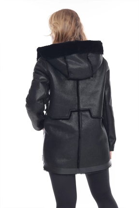 Kadın Siyah Hakiki Deri Kapüşonlu Kaban - Içi Kürklü, Su Geçirmez, 80 Cm Image 7