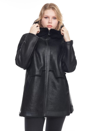 Kadın Siyah Hakiki Deri Kapüşonlu Kaban - Içi Kürklü, Su Geçirmez, 80 Cm Image 4