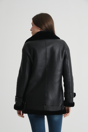 Siyah Hakiki Deri Kaban, Içi Kürklü, Bel Kemeri Detaylı, Uzun Kesim, Şık Tasarım - 114122 Image 3