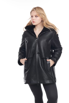 Kadın Siyah Hakiki Deri Kapüşonlu Kaban - Içi Kürklü, Su Geçirmez, 80 Cm Image 3