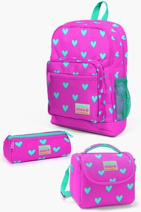 Kids Neon Pembe Su Yeşili Kalp Desenli 3’lü Okul Çanta Seti SET0123113 Image 0