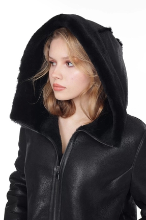 Kadın Siyah Hakiki Deri Kapüşonlu Kaban - Içi Kürklü, Su Geçirmez, 80 Cm Image 5