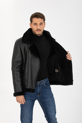 Erkek Hakiki Deri Ceket, Kürk Yakalı Ceket, Siyah İçi Kürklü - 500722 Image 5