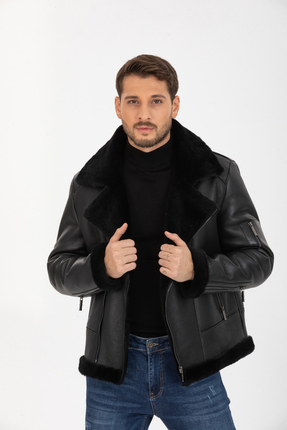 Erkek Hakiki Deri Ceket, Kürk Yakalı Ceket, Siyah İçi Kürklü - 500722 Image 0