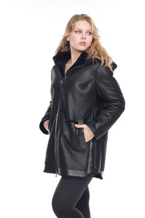 Kadın Siyah Hakiki Deri Kapüşonlu Kaban - Içi Kürklü, Su Geçirmez, 80 Cm Image 2