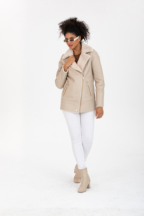 Kadın Hakiki Deri Ceket, İçi Kürklü Uzun Bej Ceket, Kruvaze Yaka - 113722 Image 3