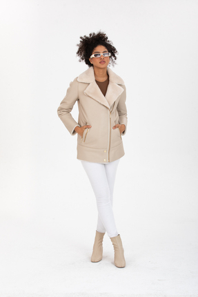 Kadın Hakiki Deri Ceket, İçi Kürklü Uzun Bej Ceket, Kruvaze Yaka - 113722 Image 2