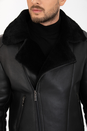 Erkek Hakiki Deri Ceket, Kürk Yakalı Ceket, Siyah İçi Kürklü - 500722 Image 4