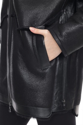 Kadın Siyah Hakiki Deri Kapüşonlu Kaban - Içi Kürklü, Su Geçirmez, 80 Cm Image 6