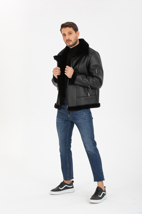 Erkek Hakiki Deri Ceket, Kürk Yakalı Ceket, Siyah İçi Kürklü - 500722 Image 6